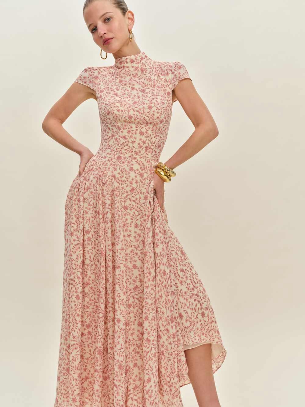 Reformation Pink Floral High-Neck Midi Dress